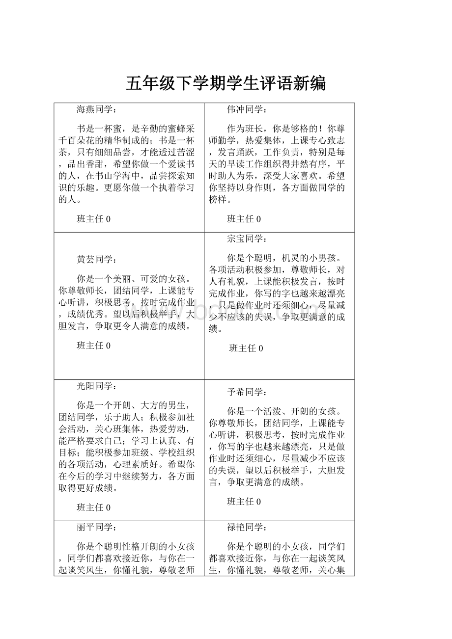 五年级下学期学生评语新编.docx