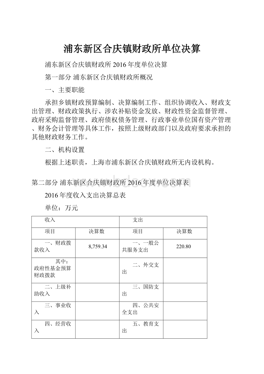 浦东新区合庆镇财政所单位决算.docx_第1页