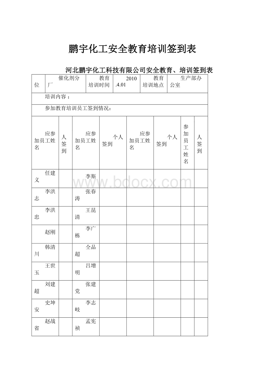 鹏宇化工安全教育培训签到表文档格式.docx_第1页