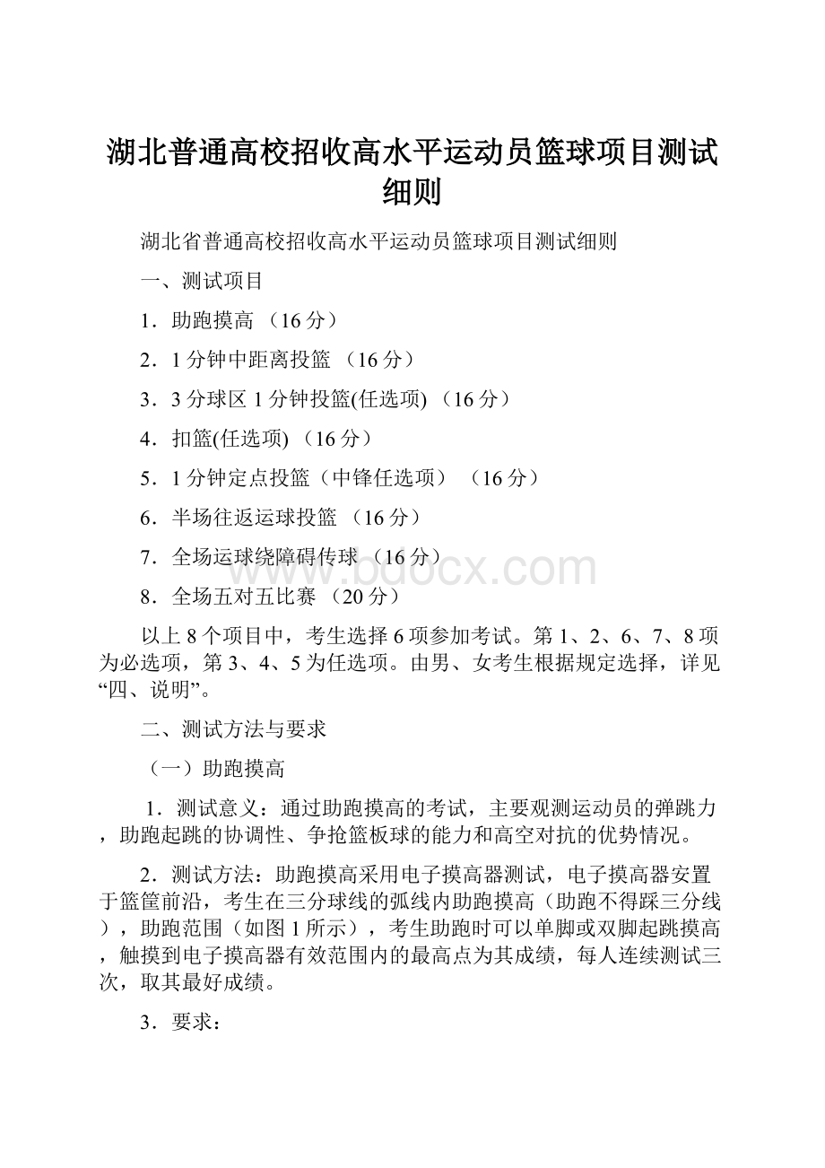 湖北普通高校招收高水平运动员篮球项目测试细则.docx_第1页