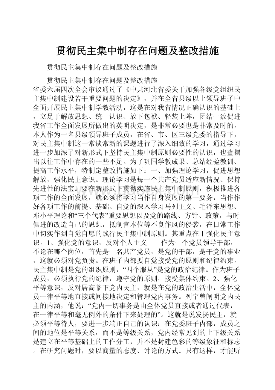 贯彻民主集中制存在问题及整改措施文档格式.docx