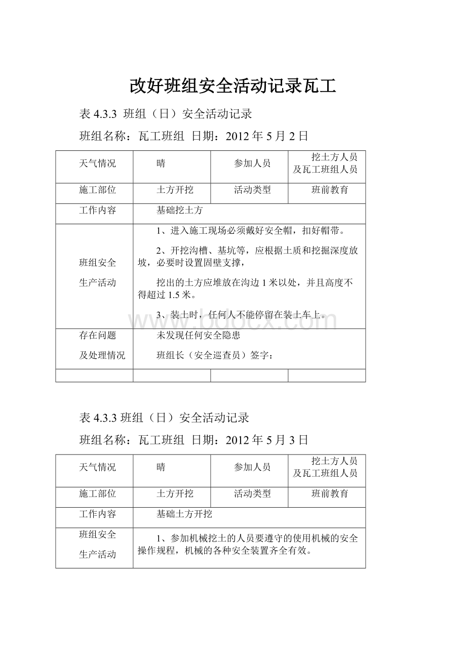 改好班组安全活动记录瓦工Word文档下载推荐.docx