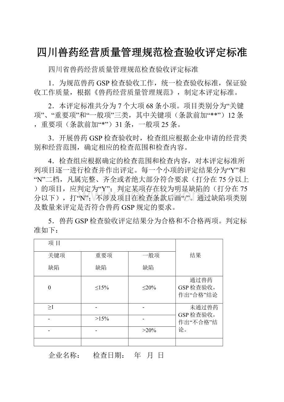 四川兽药经营质量管理规范检查验收评定标准Word格式.docx