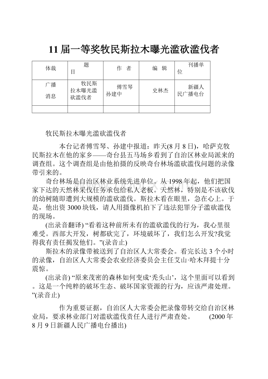 11届一等奖牧民斯拉木曝光滥砍滥伐者Word文档格式.docx