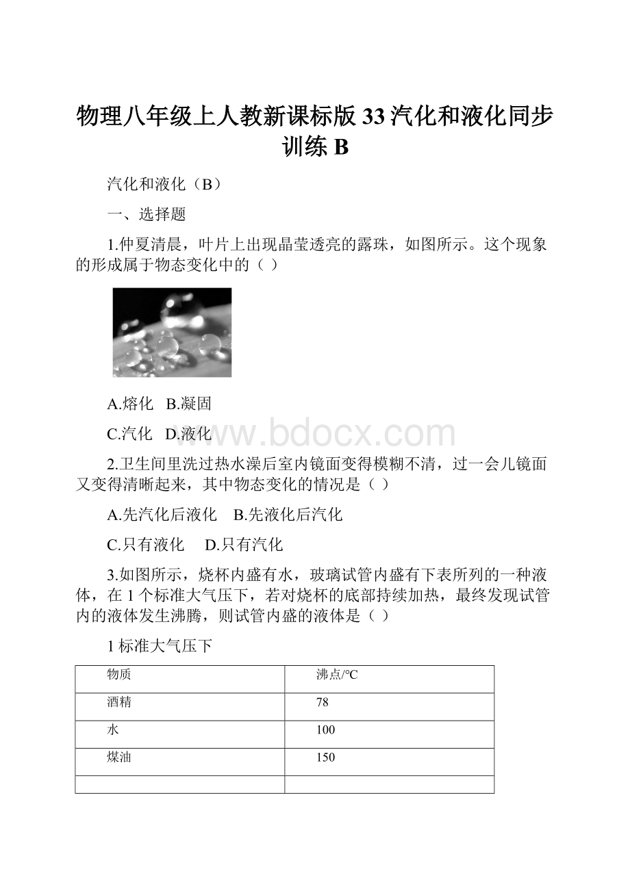 物理八年级上人教新课标版33汽化和液化同步训练BWord文档格式.docx