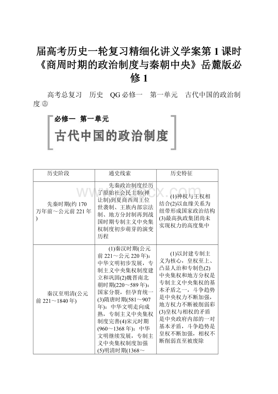 届高考历史一轮复习精细化讲义学案第1课时《商周时期的政治制度与秦朝中央》岳麓版必修1.docx_第1页