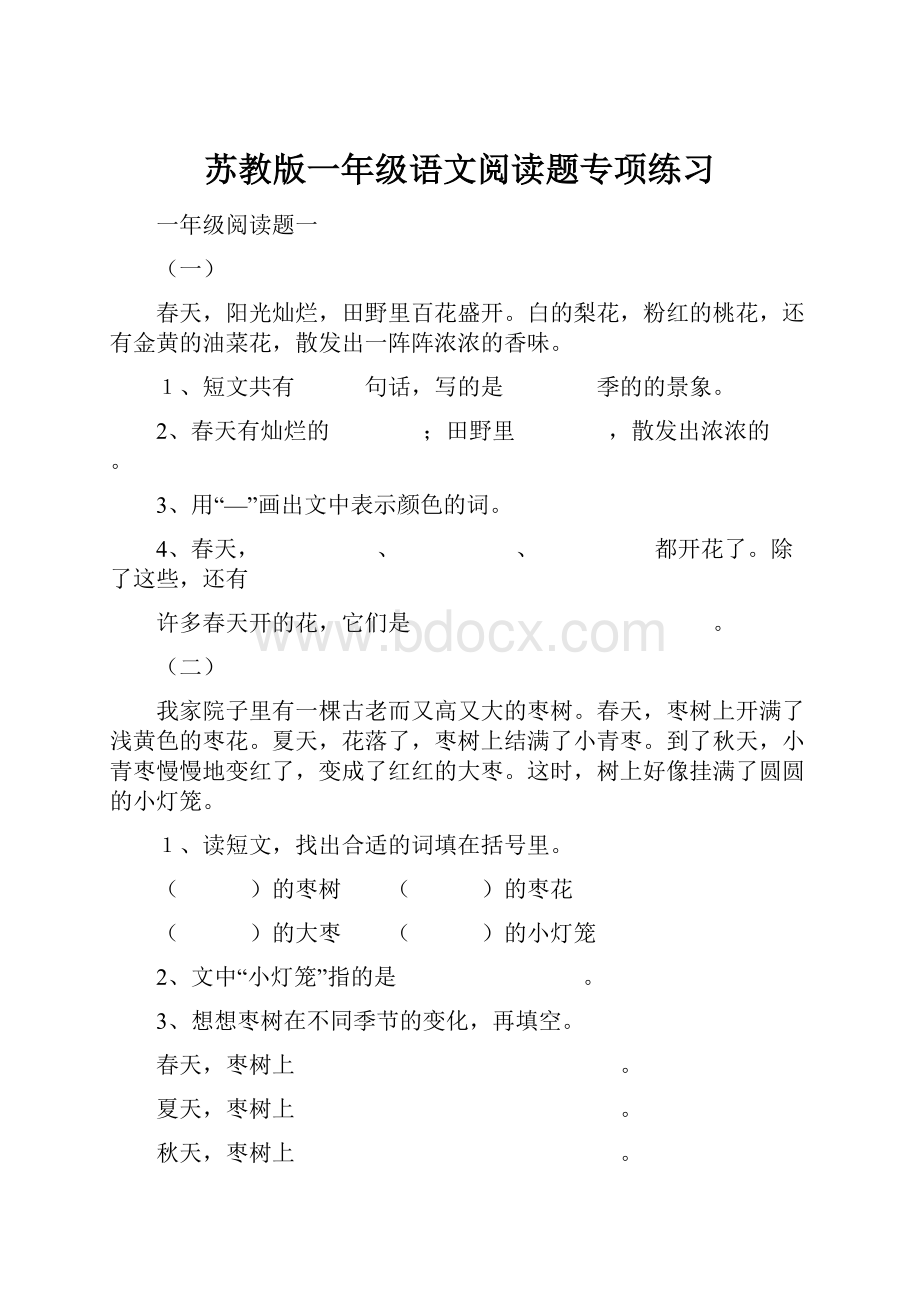 苏教版一年级语文阅读题专项练习Word格式文档下载.docx_第1页