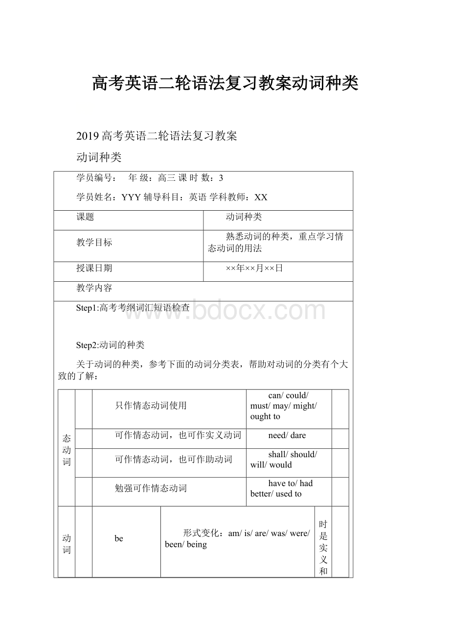 高考英语二轮语法复习教案动词种类Word文档格式.docx_第1页