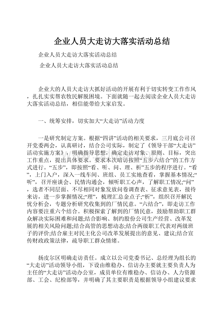 企业人员大走访大落实活动总结.docx