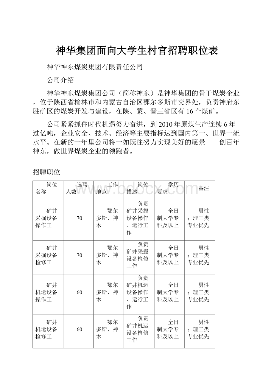 神华集团面向大学生村官招聘职位表Word格式.docx