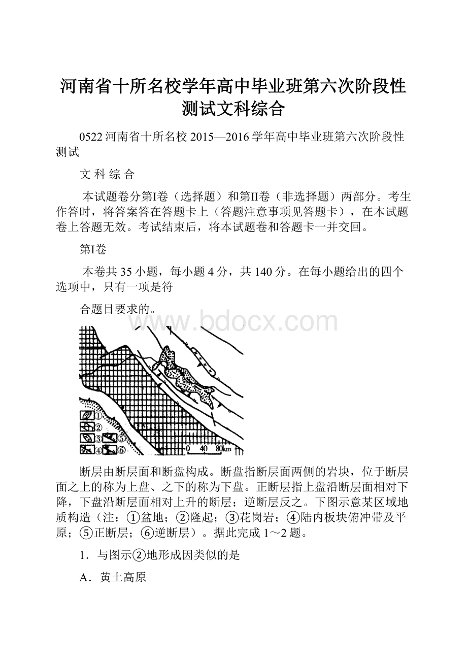 河南省十所名校学年高中毕业班第六次阶段性测试文科综合.docx_第1页