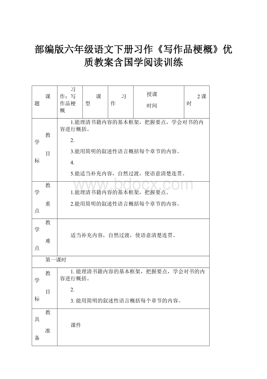 部编版六年级语文下册习作《写作品梗概》优质教案含国学阅读训练.docx_第1页