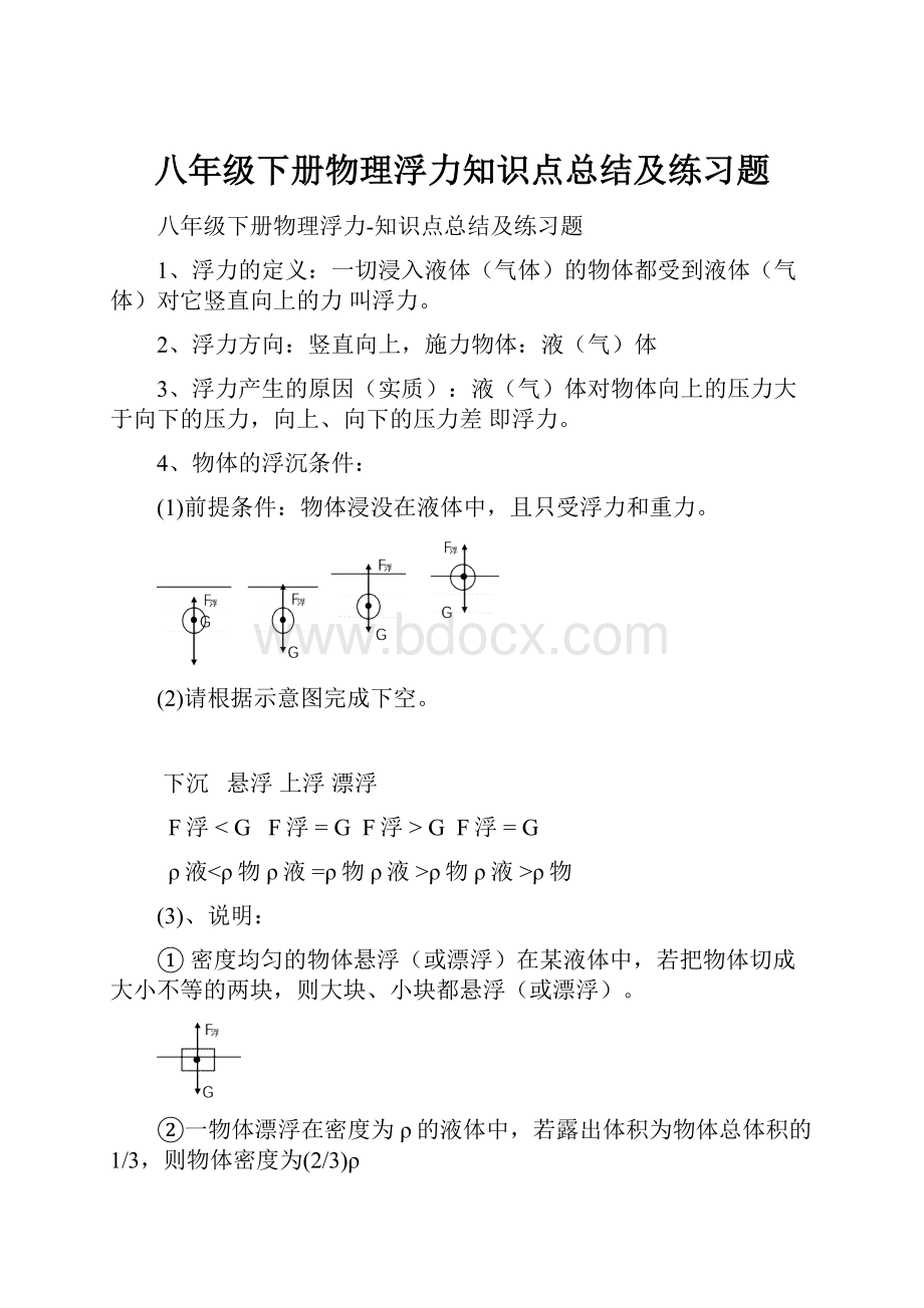 八年级下册物理浮力知识点总结及练习题.docx