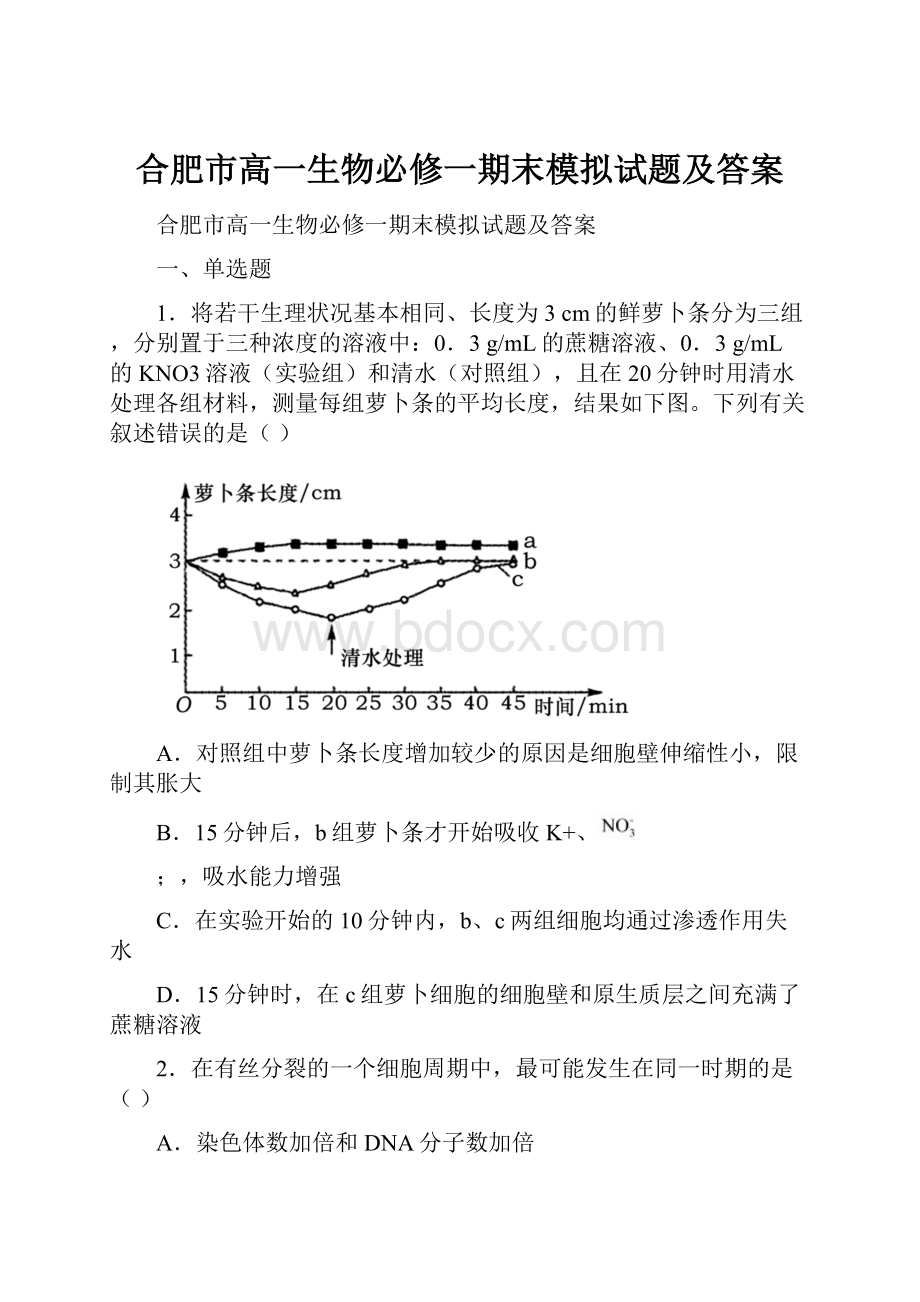 合肥市高一生物必修一期末模拟试题及答案.docx_第1页