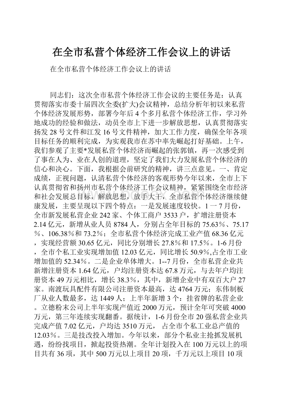 在全市私营个体经济工作会议上的讲话文档格式.docx