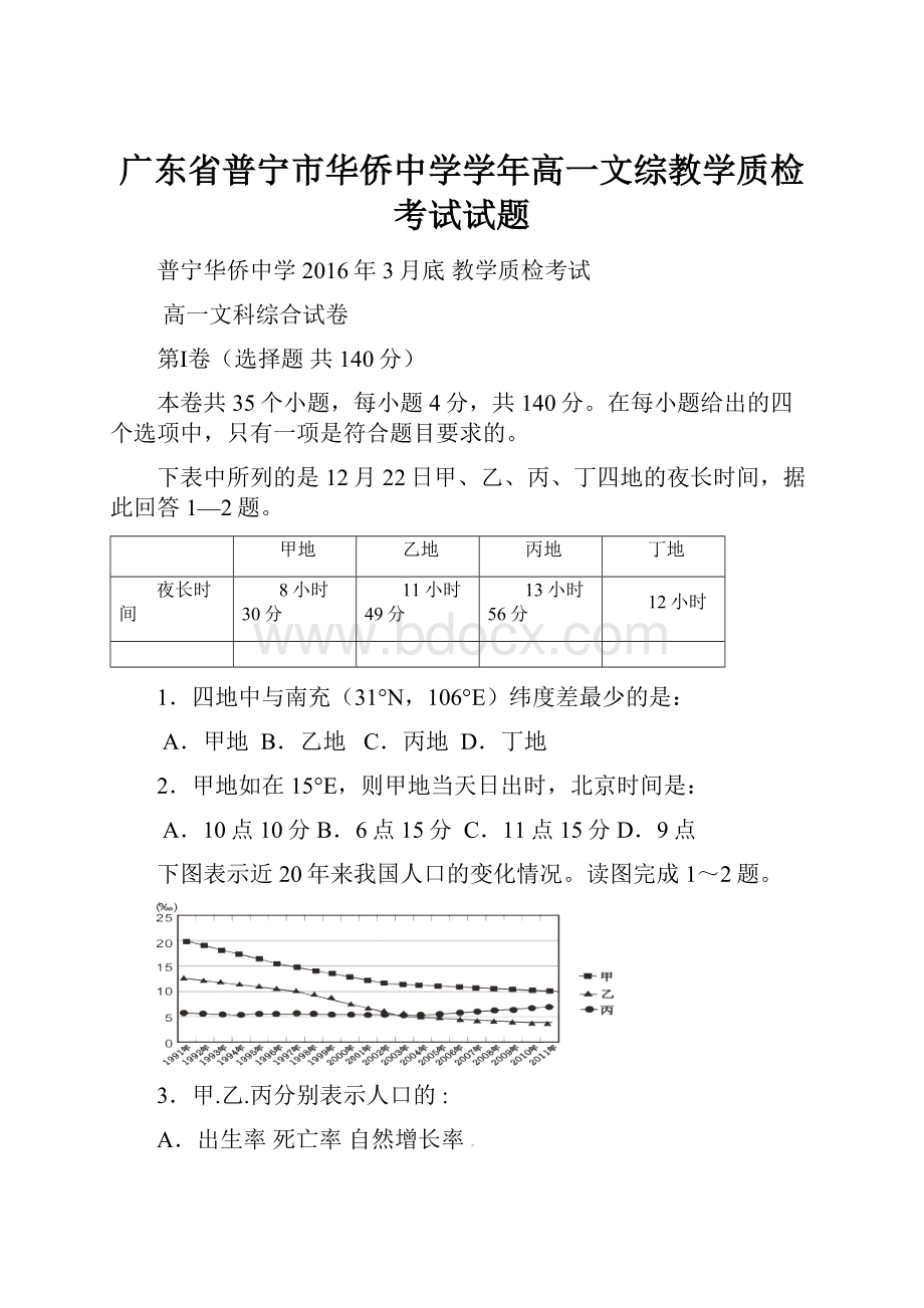 广东省普宁市华侨中学学年高一文综教学质检考试试题.docx