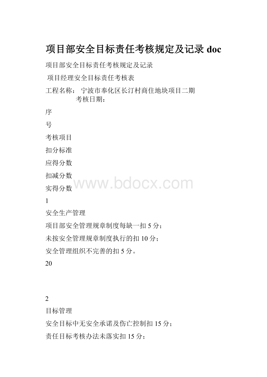 项目部安全目标责任考核规定及记录docWord下载.docx_第1页