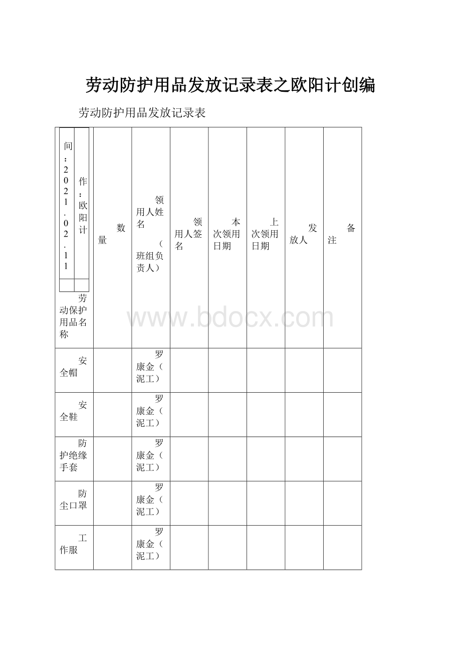 劳动防护用品发放记录表之欧阳计创编文档格式.docx