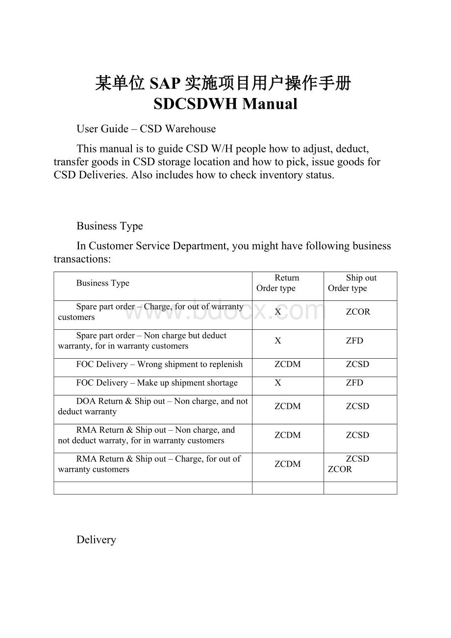 某单位SAP实施项目用户操作手册SDCSDWH ManualWord下载.docx