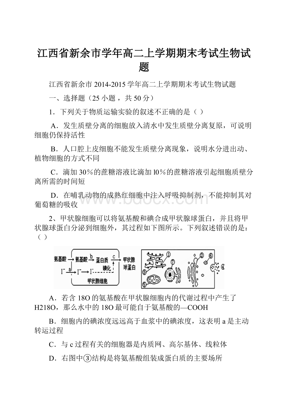 江西省新余市学年高二上学期期末考试生物试题Word文档格式.docx