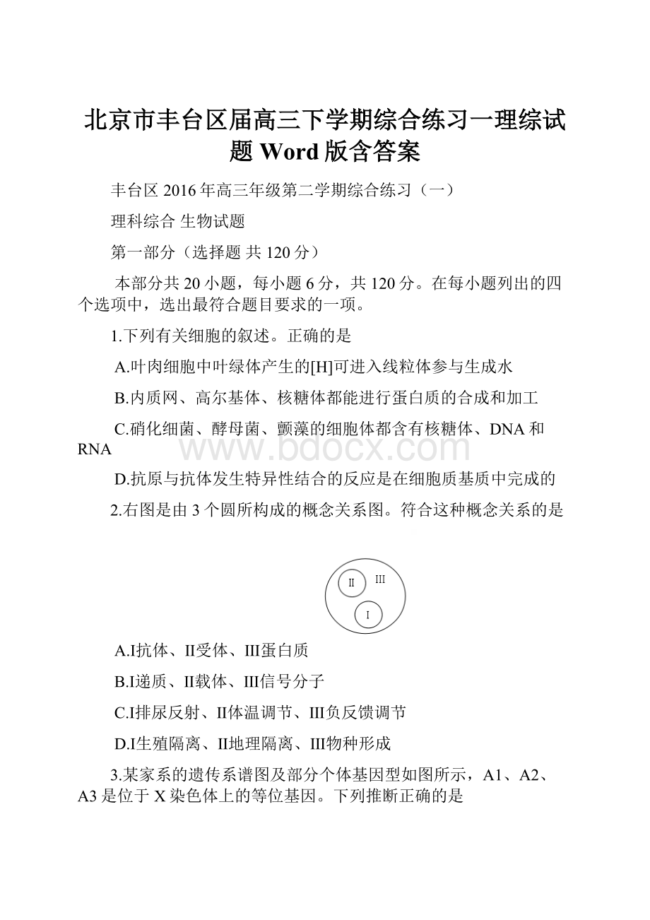 北京市丰台区届高三下学期综合练习一理综试题Word版含答案.docx_第1页