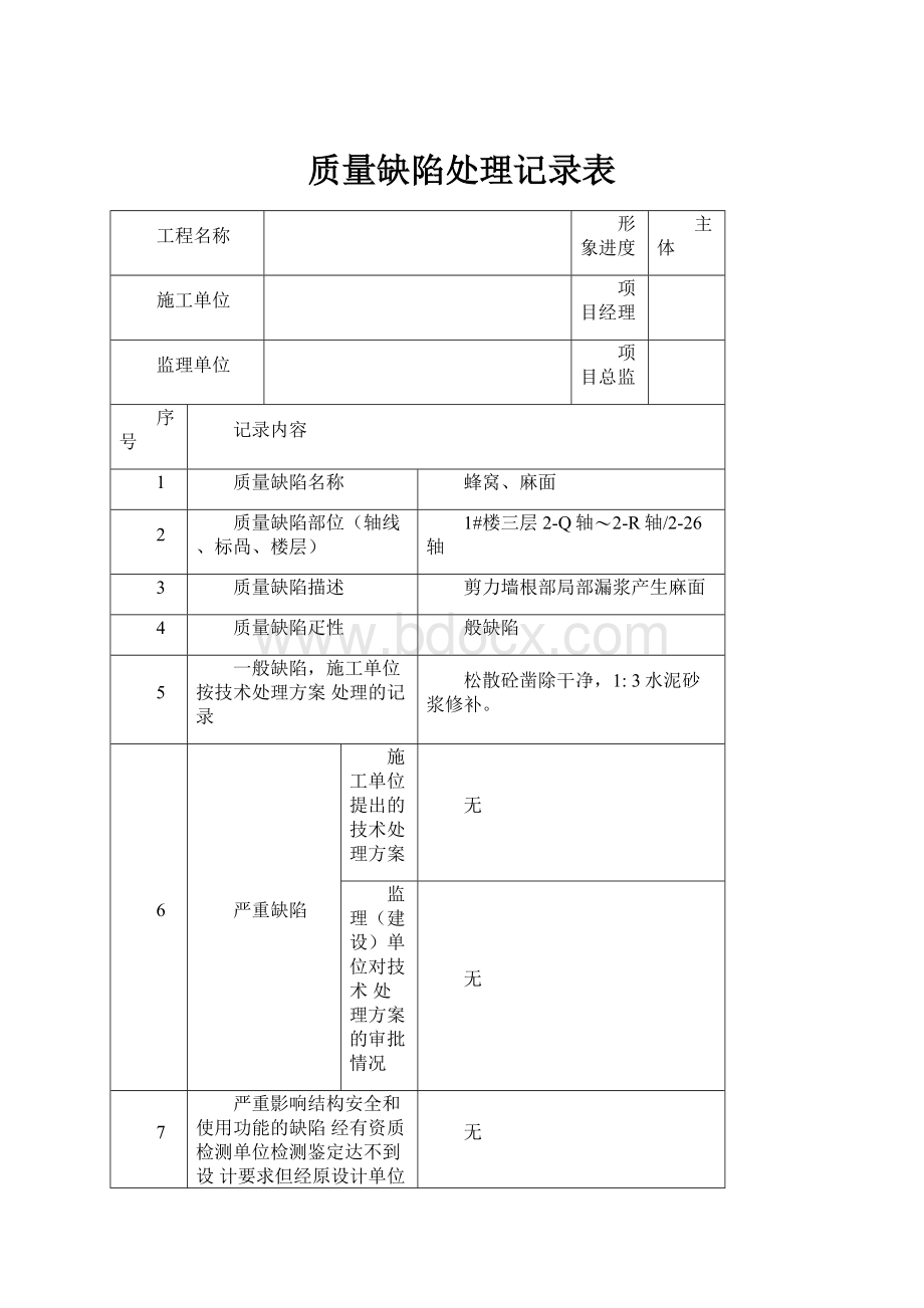 质量缺陷处理记录表Word文档格式.docx