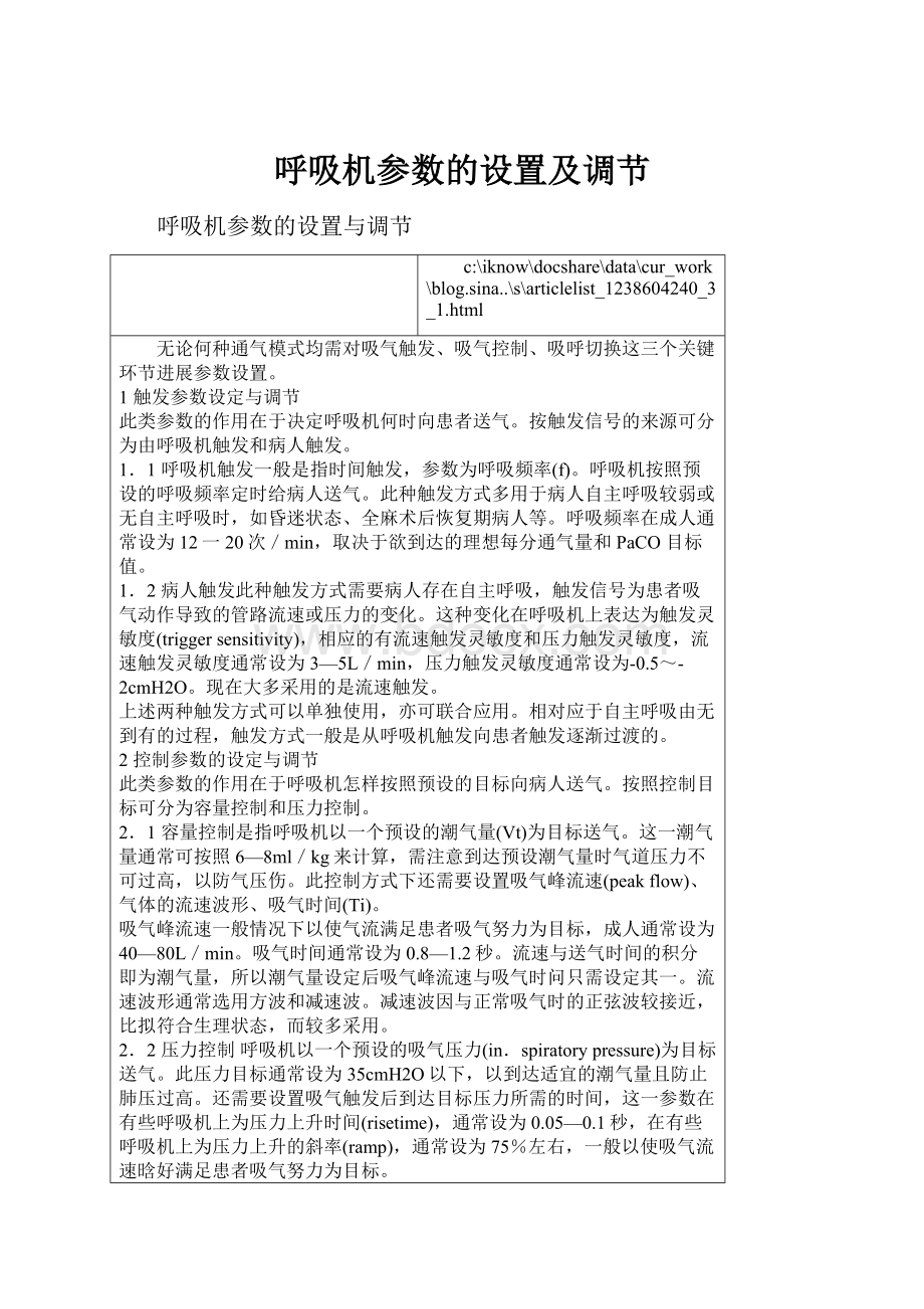 呼吸机参数的设置及调节Word格式.docx