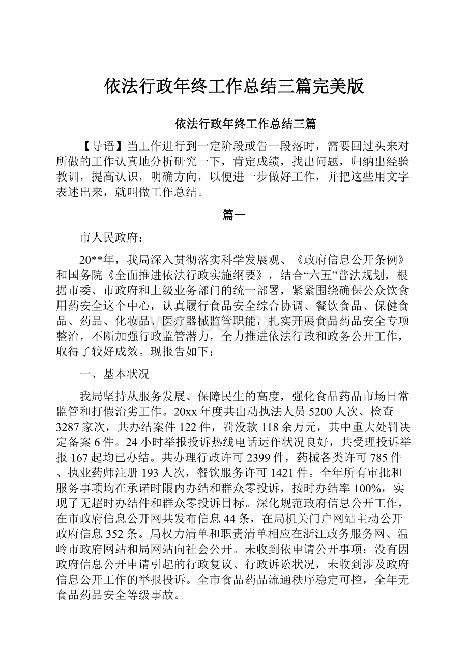 依法行政年终工作总结三篇完美版文档格式.docx