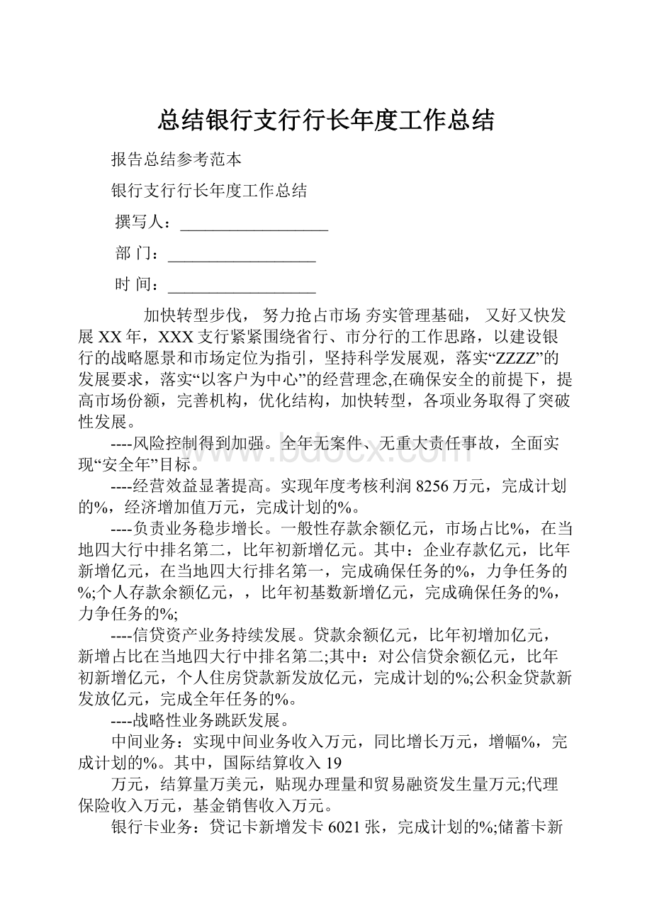 总结银行支行行长年度工作总结Word下载.docx