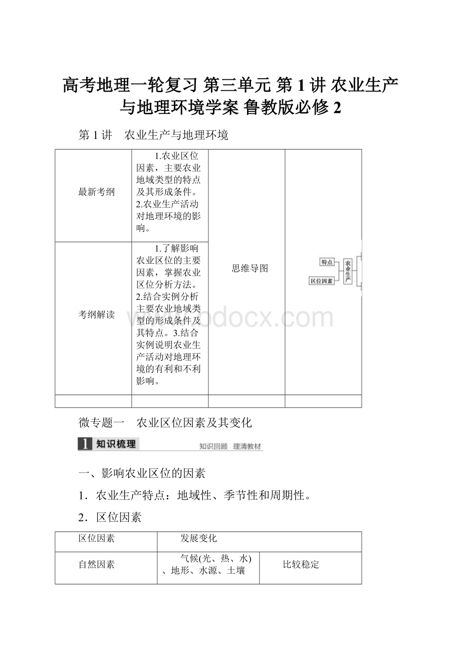 高考地理一轮复习 第三单元 第1讲 农业生产与地理环境学案 鲁教版必修2Word格式.docx_第1页