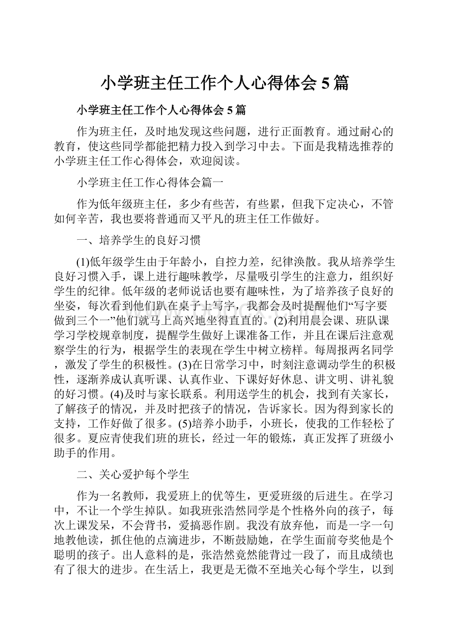 小学班主任工作个人心得体会5篇文档格式.docx_第1页