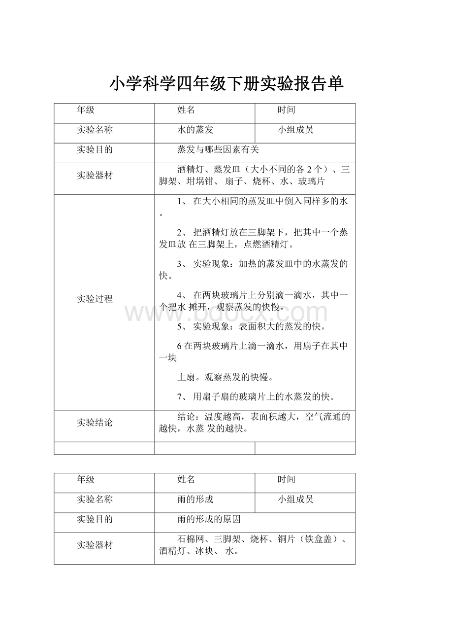 小学科学四年级下册实验报告单Word文档格式.docx_第1页