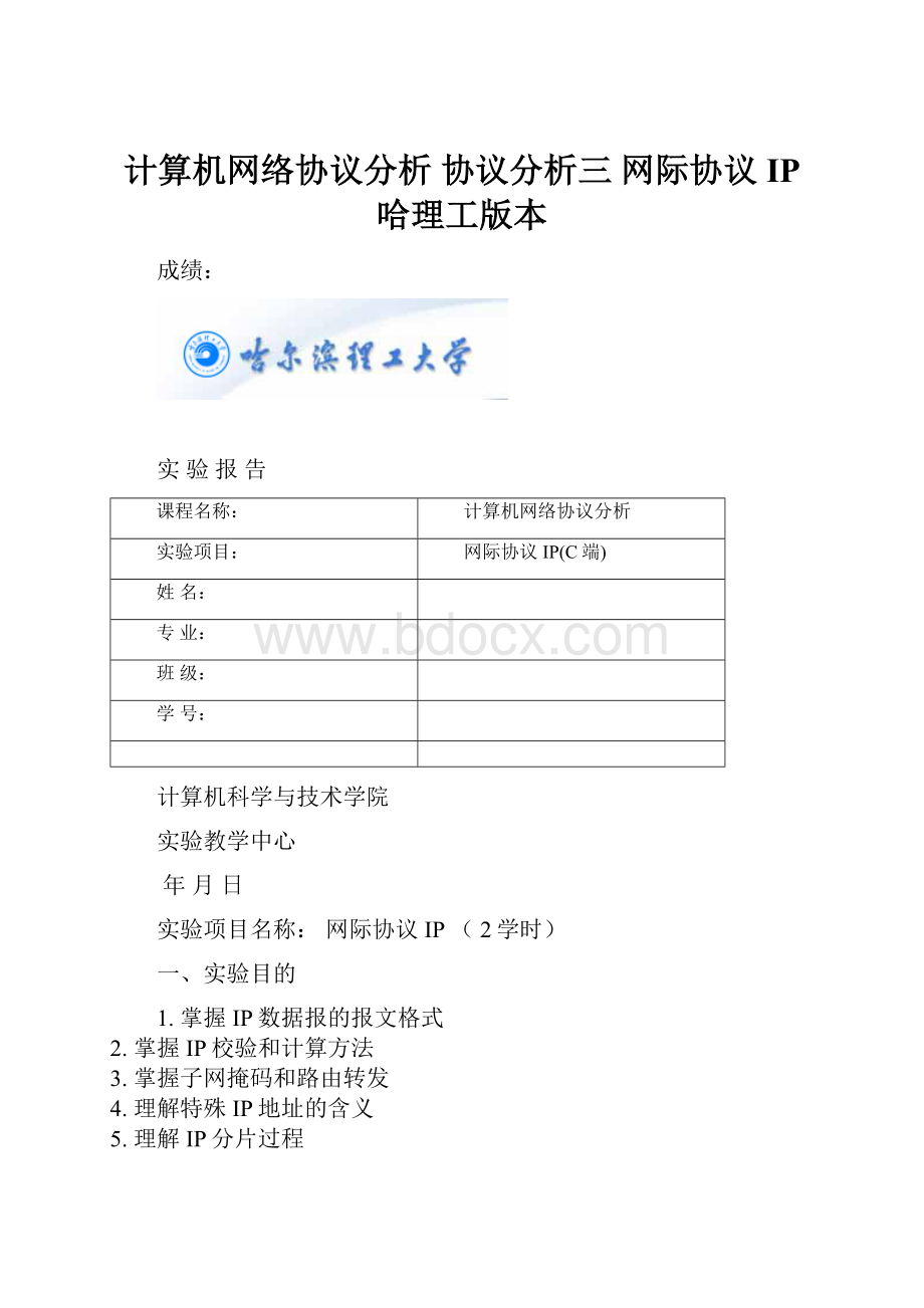 计算机网络协议分析 协议分析三 网际协议IP 哈理工版本Word下载.docx