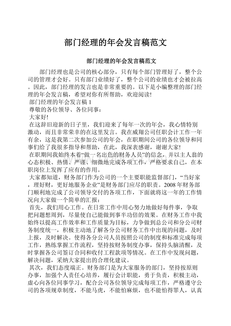 部门经理的年会发言稿范文Word下载.docx