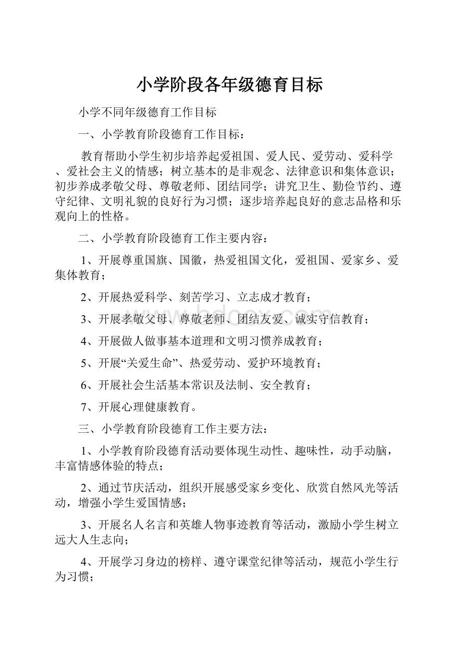 小学阶段各年级德育目标Word文件下载.docx_第1页