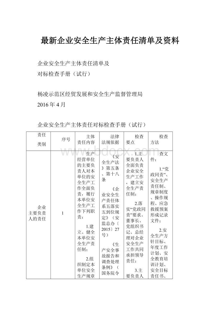 最新企业安全生产主体责任清单及资料Word下载.docx