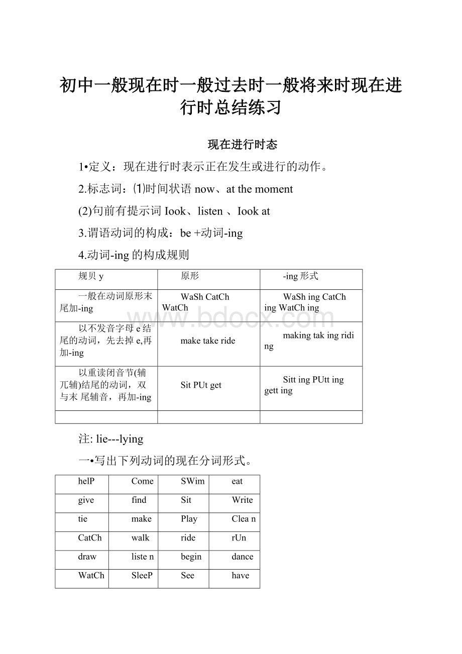 初中一般现在时一般过去时一般将来时现在进行时总结练习.docx_第1页