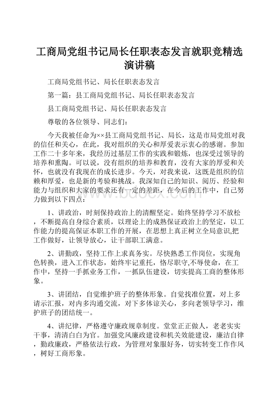 工商局党组书记局长任职表态发言就职竞精选演讲稿.docx