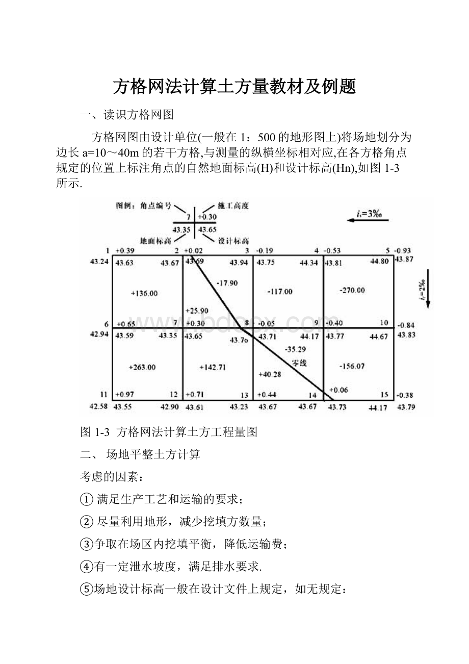 方格网法计算土方量教材及例题.docx