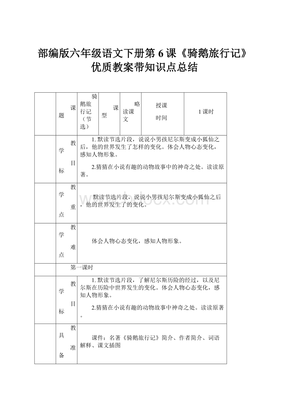 部编版六年级语文下册第6课《骑鹅旅行记》优质教案带知识点总结.docx_第1页