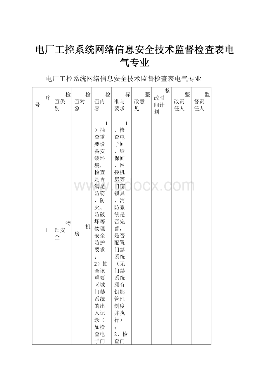 电厂工控系统网络信息安全技术监督检查表电气专业Word文件下载.docx