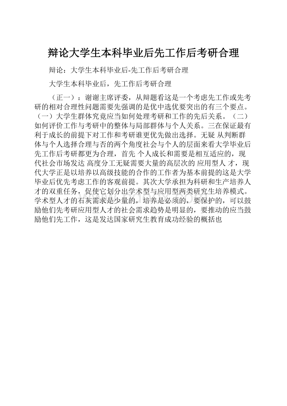 辩论大学生本科毕业后先工作后考研合理Word下载.docx