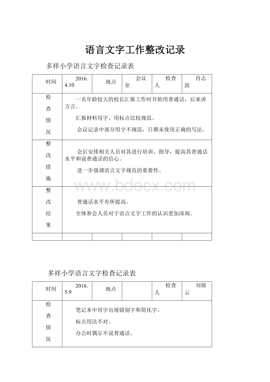 语言文字工作整改记录Word下载.docx