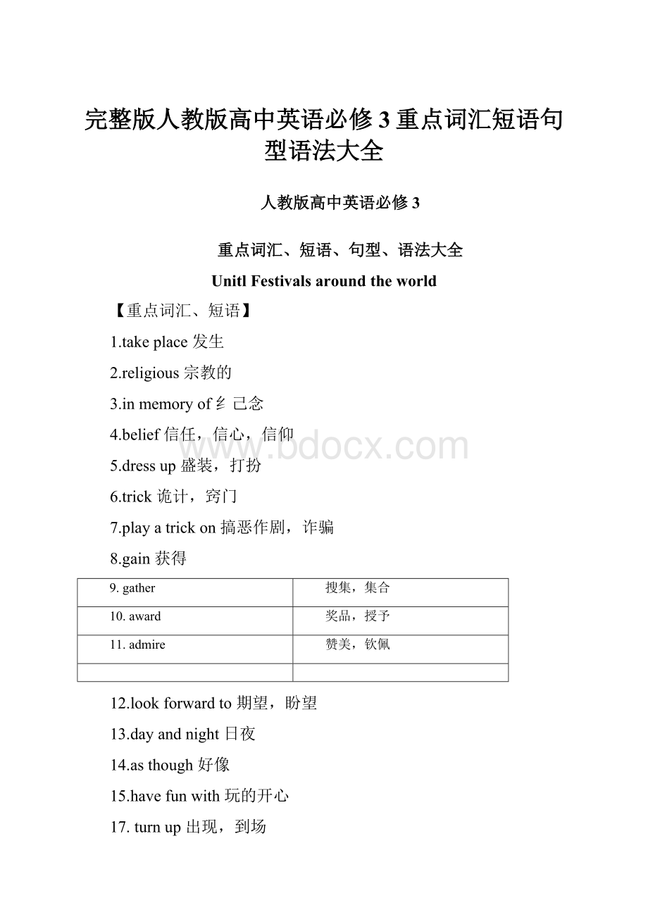 完整版人教版高中英语必修3重点词汇短语句型语法大全.docx