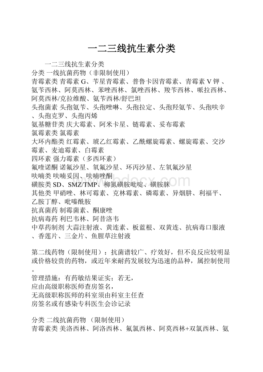 一二三线抗生素分类Word文档格式.docx