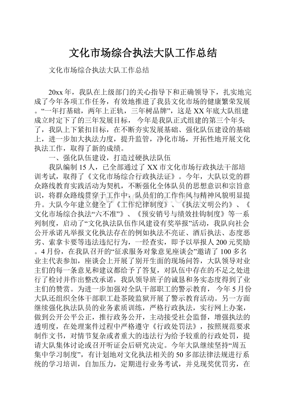 文化市场综合执法大队工作总结Word文档格式.docx