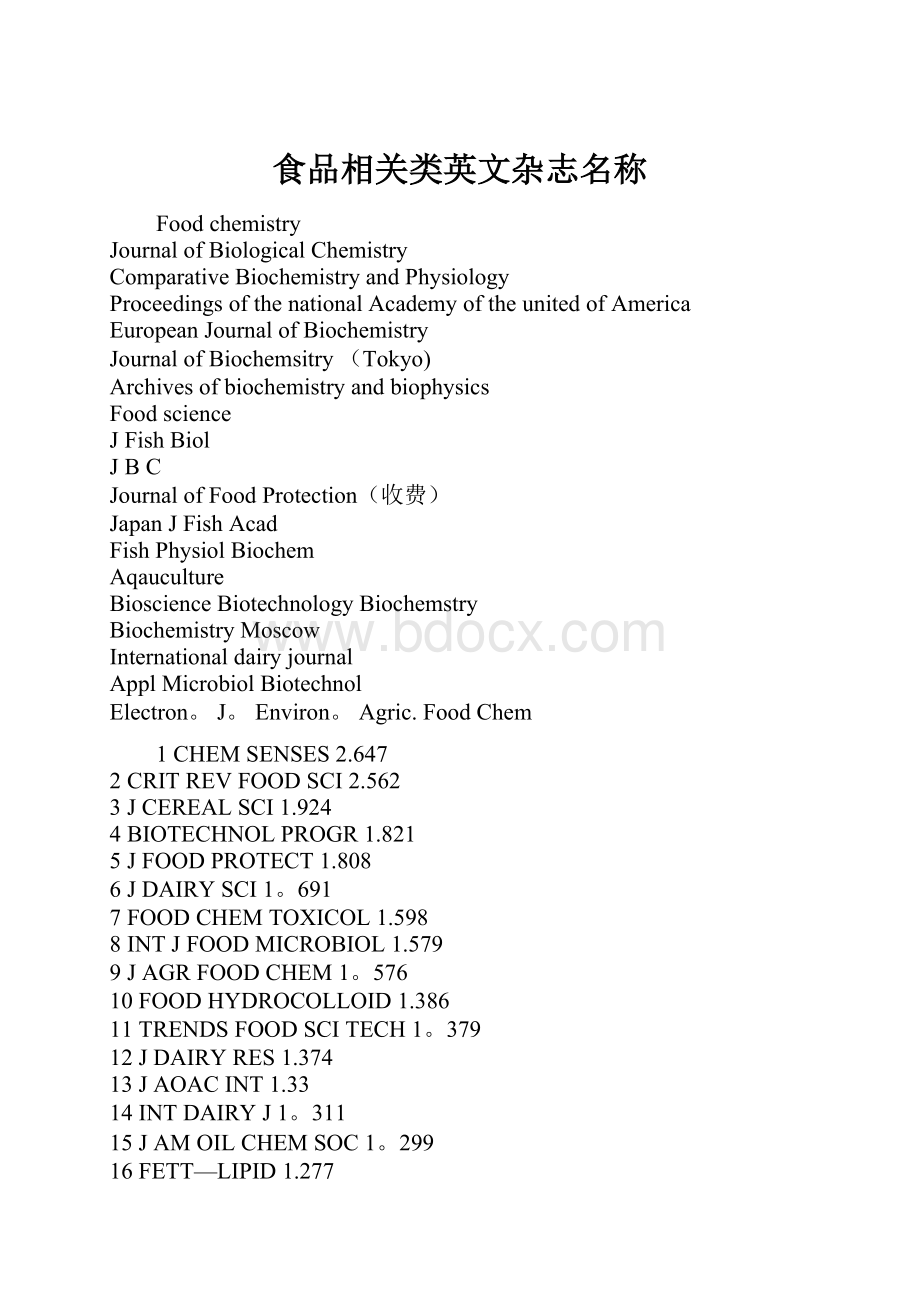 食品相关类英文杂志名称Word文件下载.docx