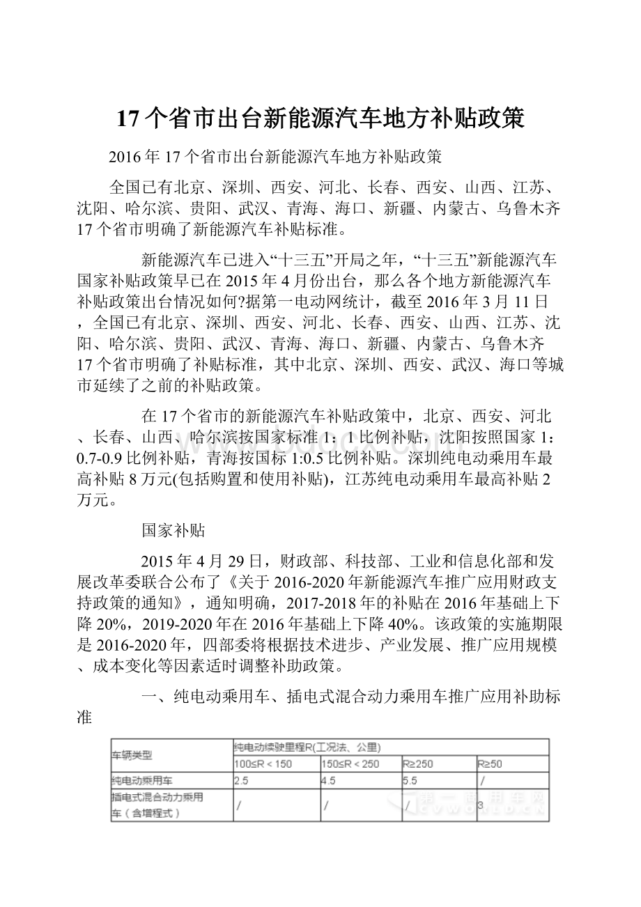 17个省市出台新能源汽车地方补贴政策.docx_第1页