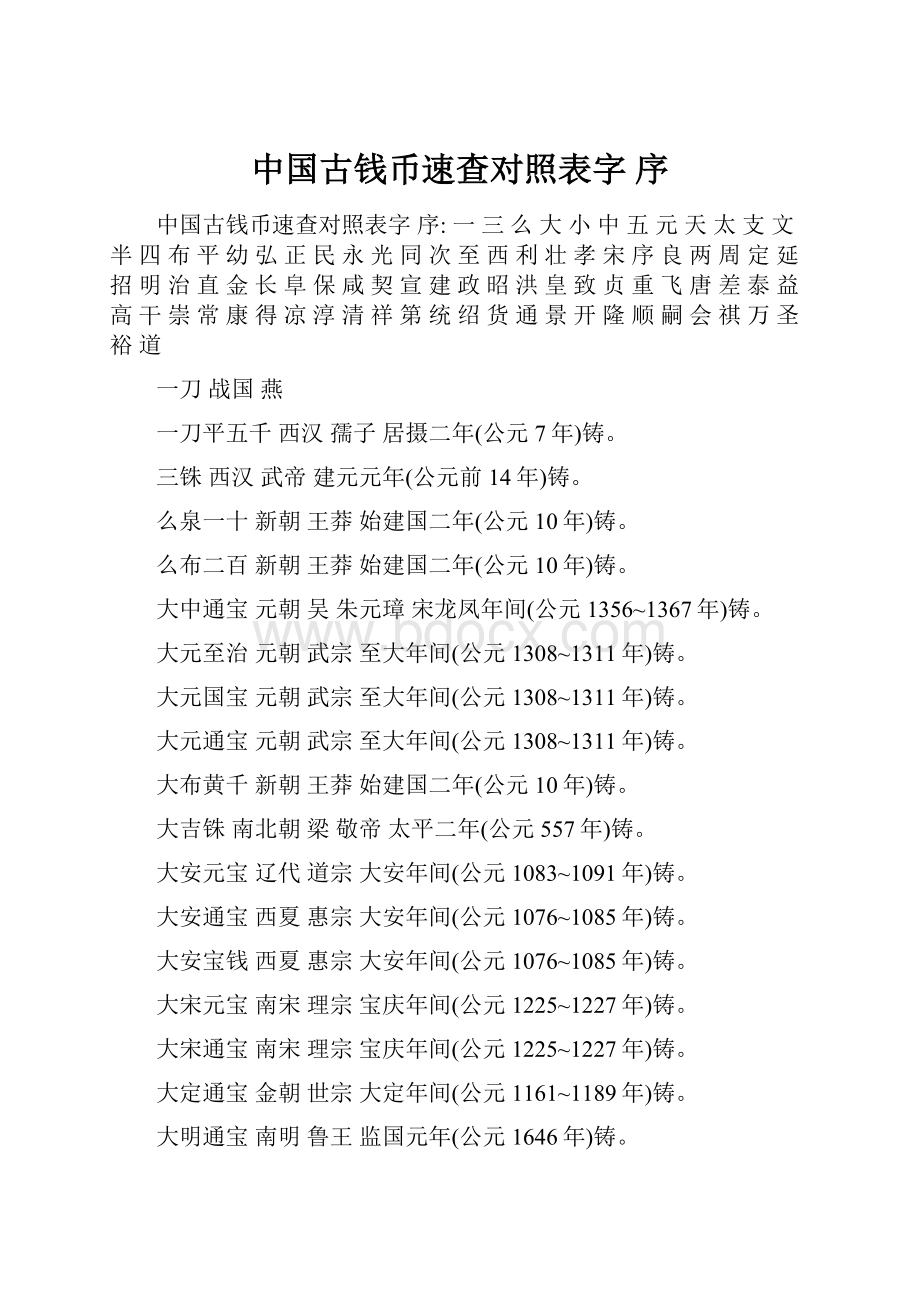 中国古钱币速查对照表字 序Word文档格式.docx_第1页