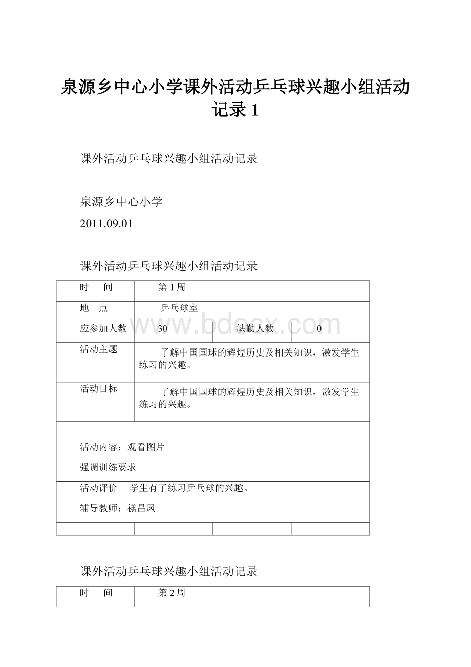 泉源乡中心小学课外活动乒乓球兴趣小组活动记录1.docx_第1页